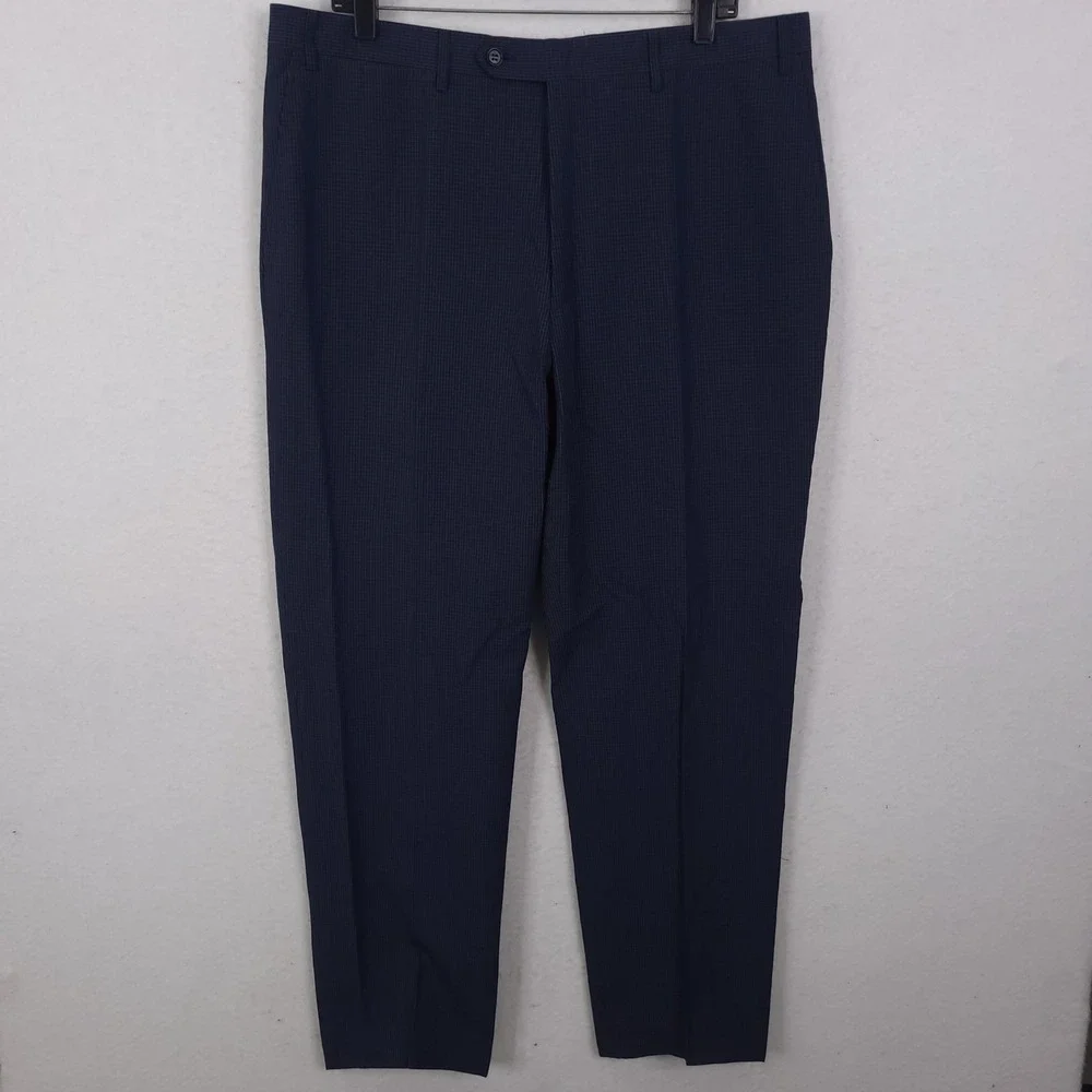 Canali Drerss Pants Trousers Mens 37x30 Navy Blue Cotton Linen Check Italian
